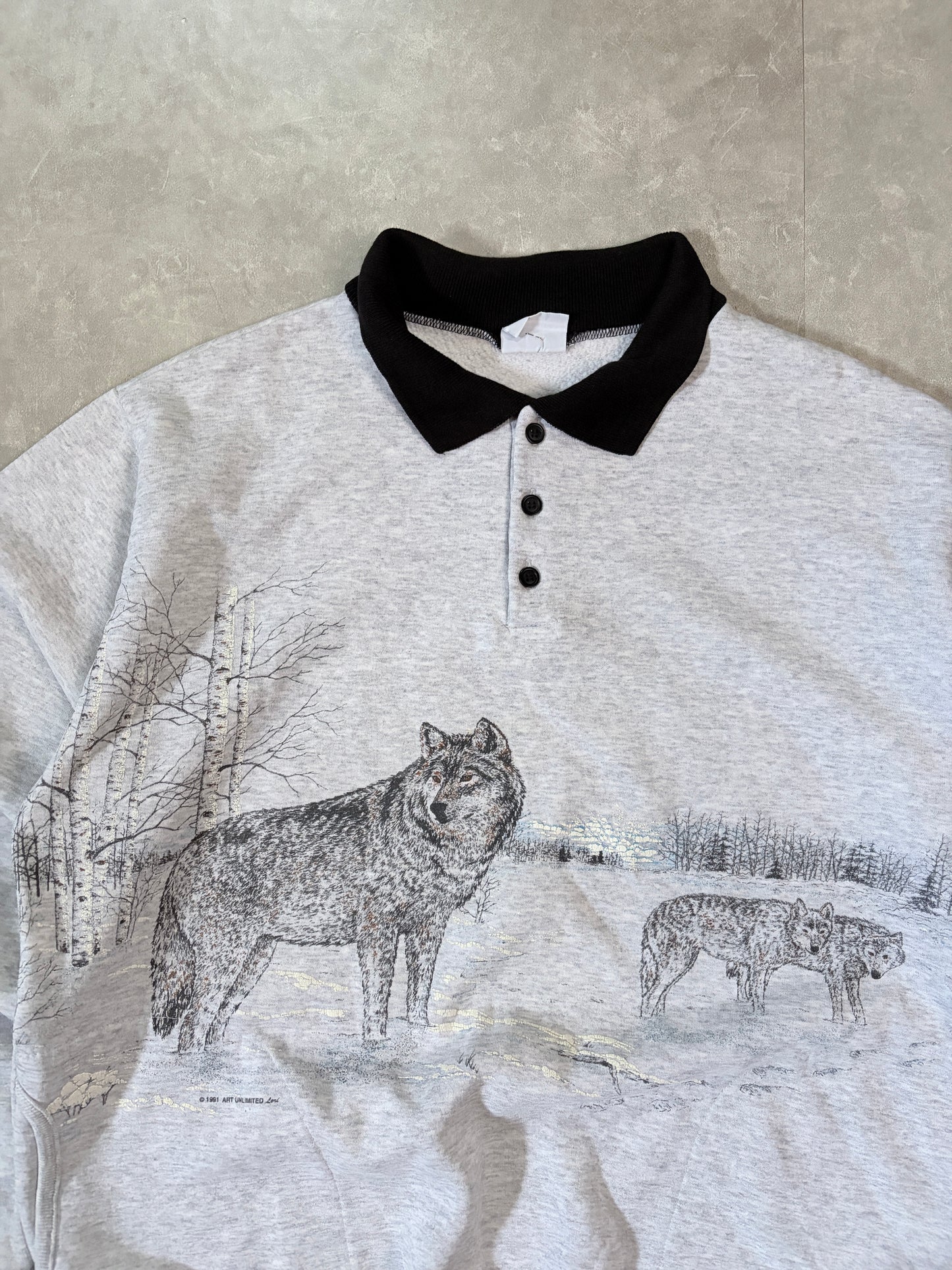 90s Vintage Wolves Nature Wrap Around Heather Grey Crewneck -L
