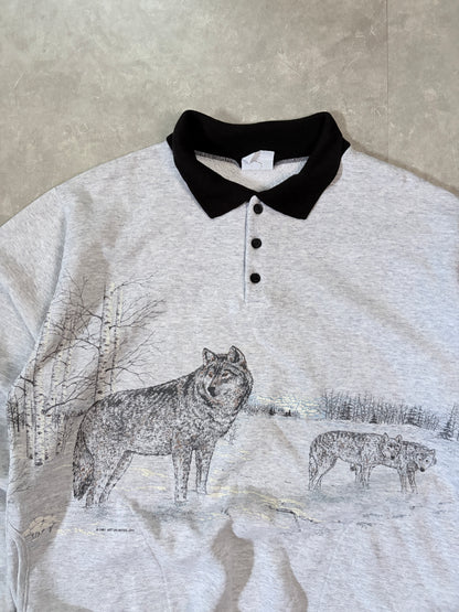 90s Vintage Wolves Nature Wrap Around Heather Grey Crewneck -L