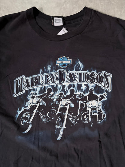 2000s Vintage Harley Davidson Blue Flame Bikers Black T-Shirt -XL