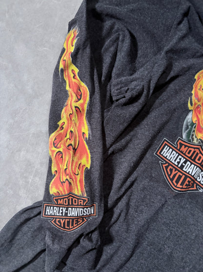 2000s Vintage Harley Davidson Skull Flame Sleeve Grey Shirt -XL