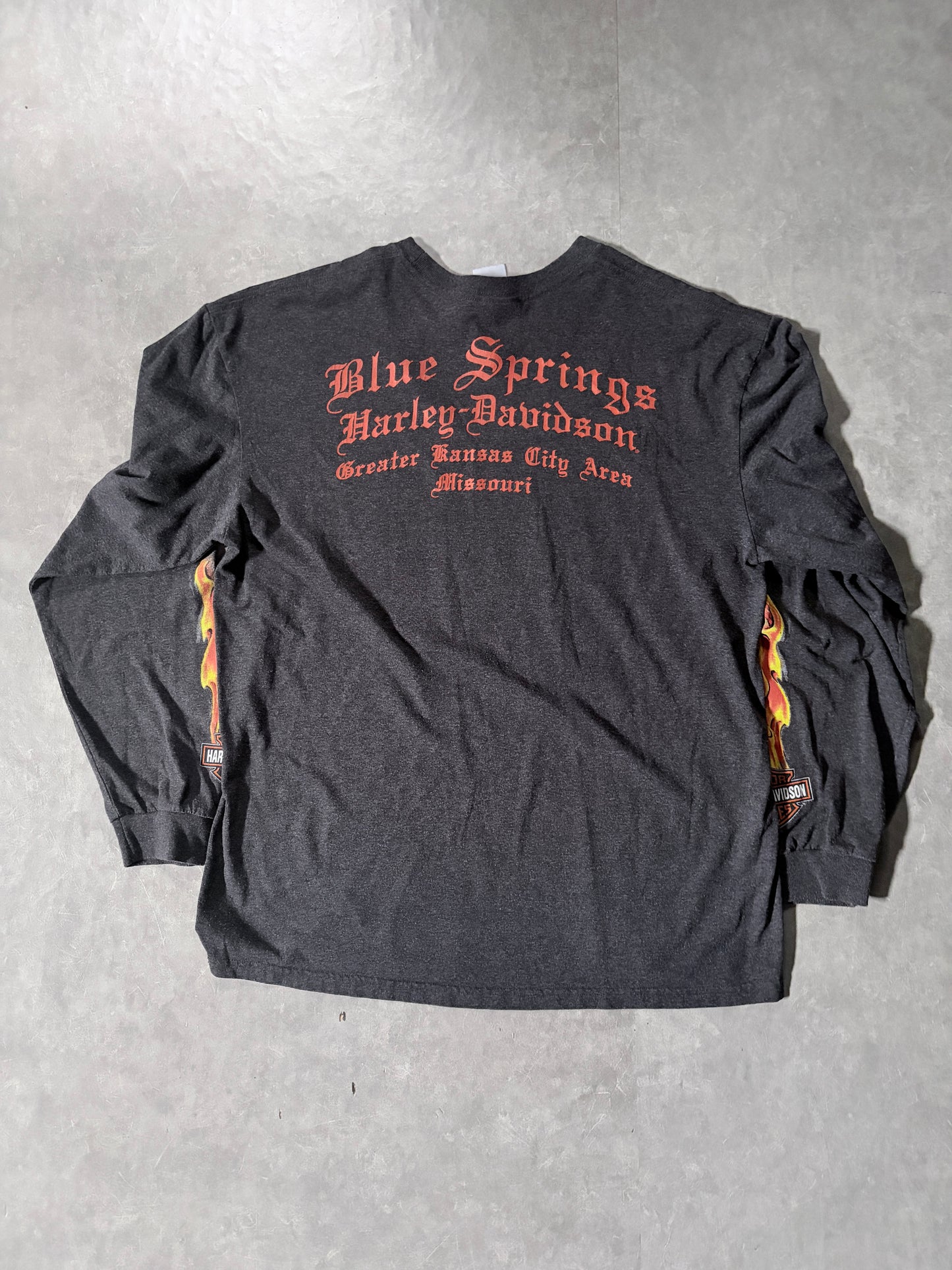 2000s Vintage Harley Davidson Skull Flame Sleeve Grey Shirt -XL