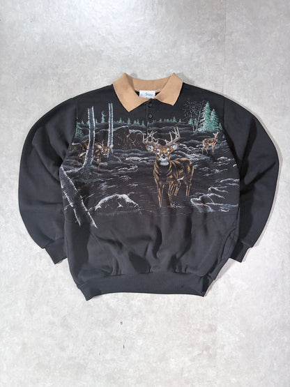 90s Vintage Nature Deer Wrap Around Black Crewneck -L