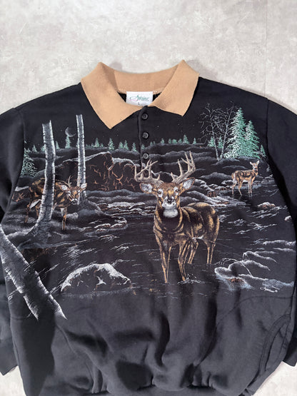90s Vintage Nature Deer Wrap Around Black Crewneck -L