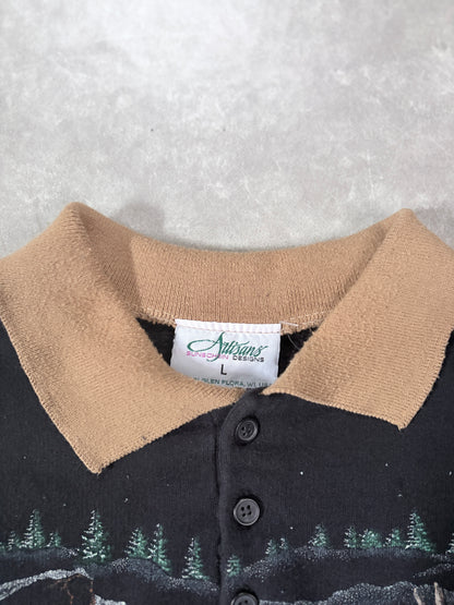 90s Vintage Nature Deer Wrap Around Black Crewneck -L