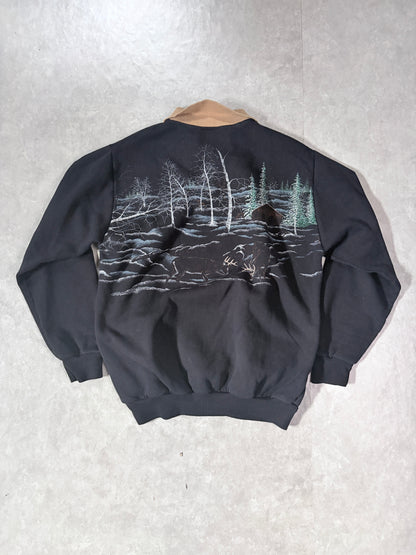 90s Vintage Nature Deer Wrap Around Black Crewneck -L