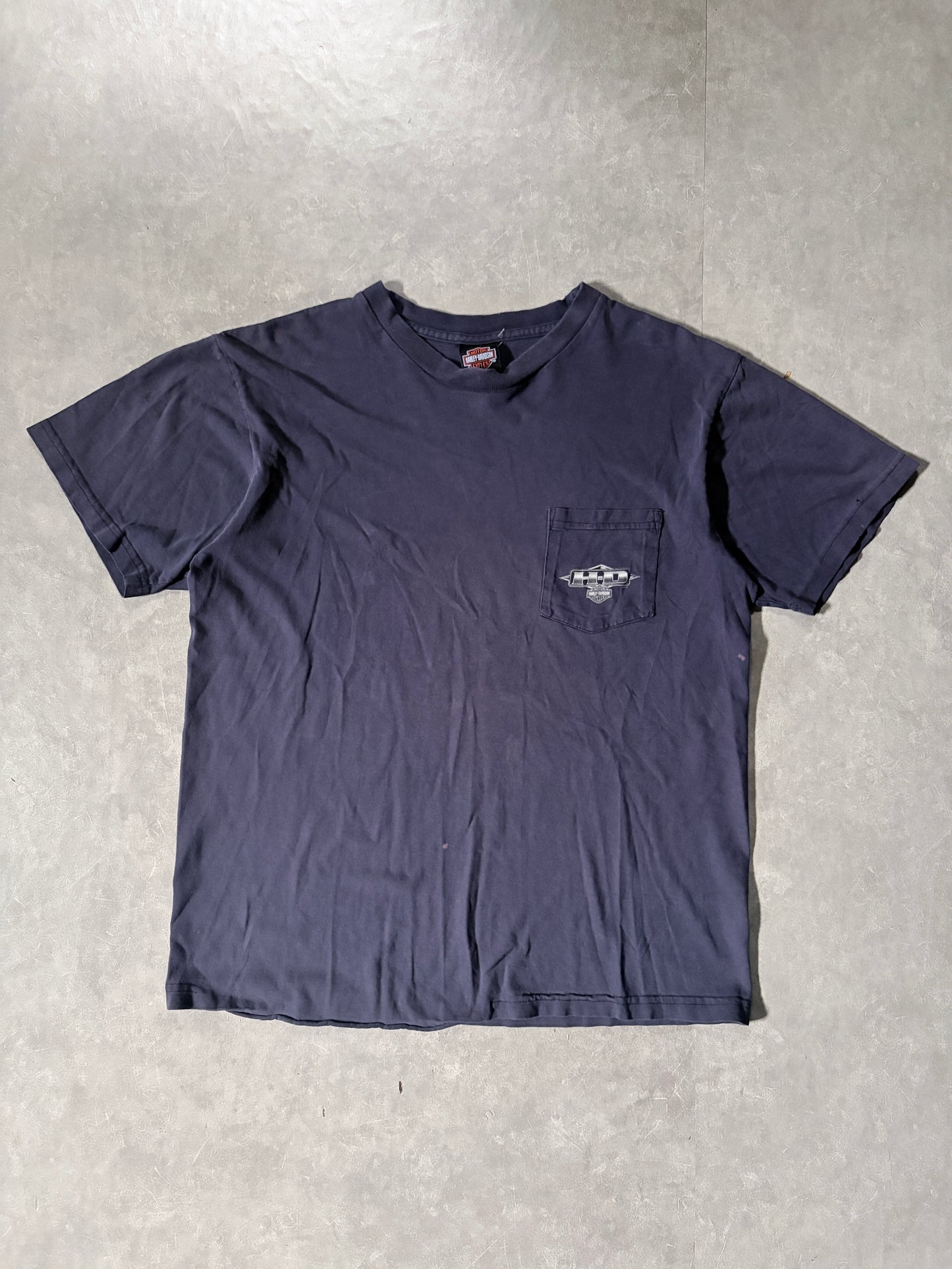 90s Vintage Harley Davidson Faded Navy Pocket T-Shirt -L