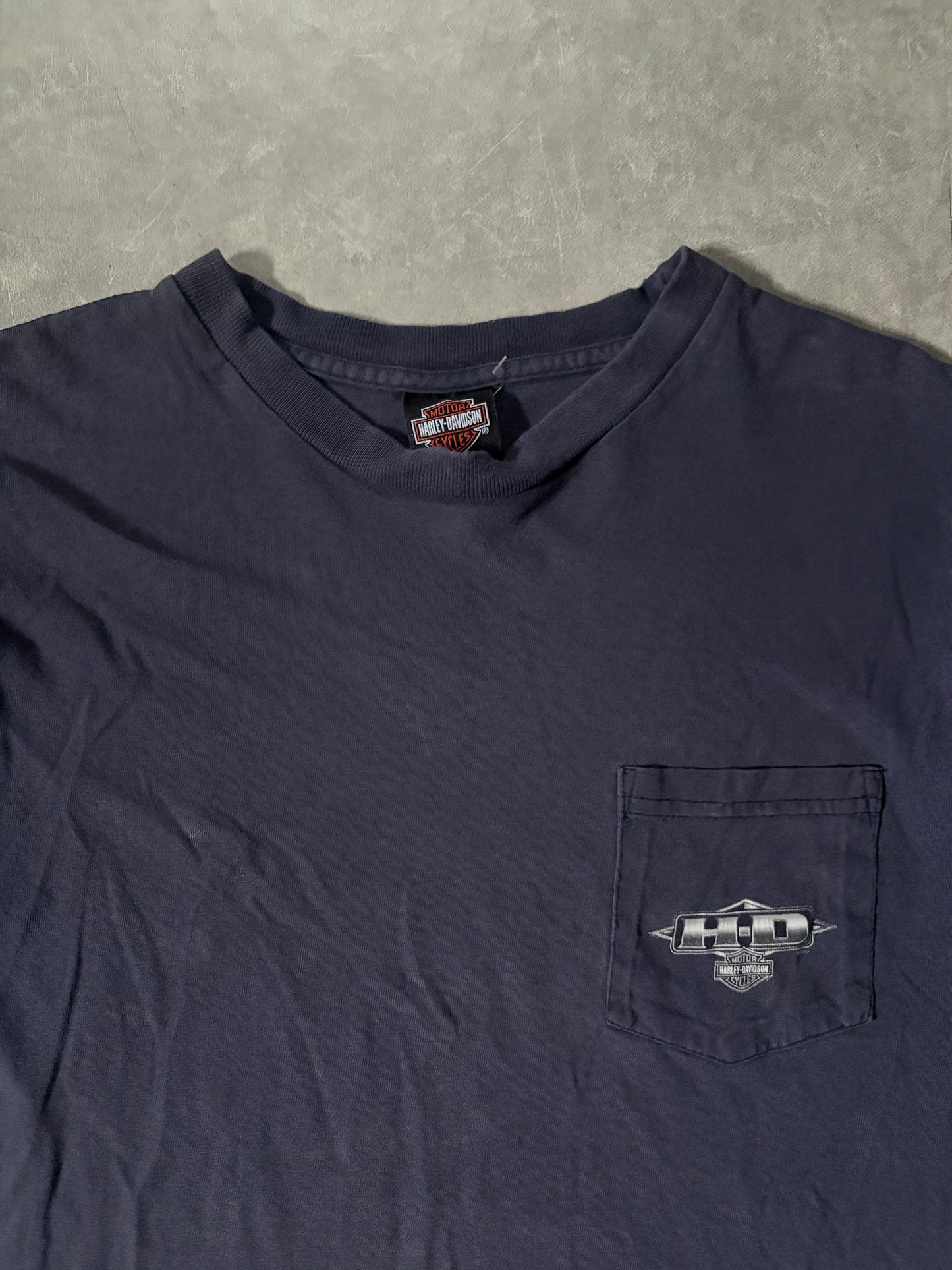 90s Vintage Harley Davidson Faded Navy Pocket T-Shirt -L