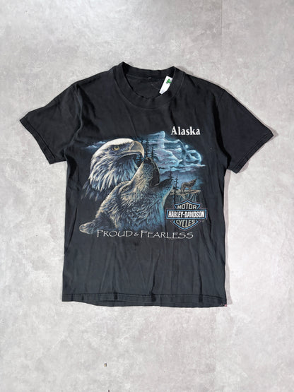 90s Vintage Harley Davidson Nature Alaska Faded Black T-Shirt -S