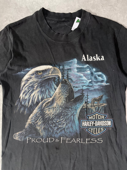 90s Vintage Harley Davidson Nature Alaska Faded Black T-Shirt -S