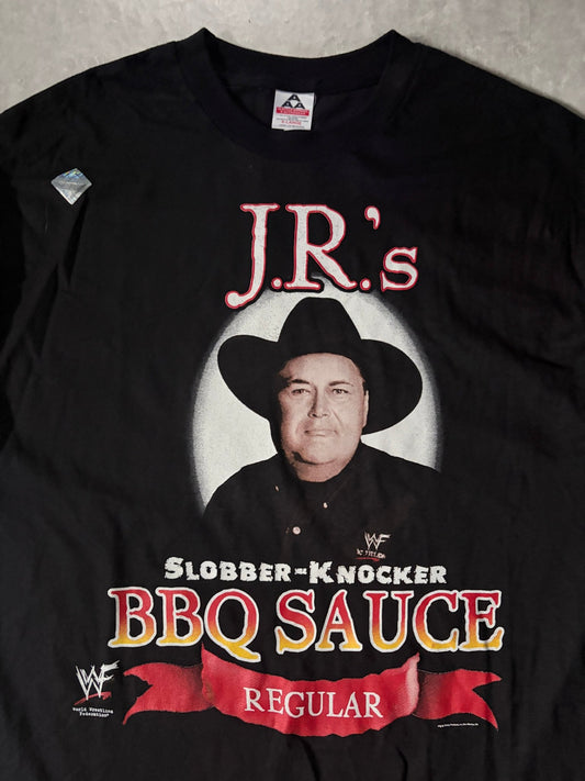 90s Vintage WWF Jr's BBQ Sauce Deadstock Black T-Shirt -XL - XL | Martin City Vintage