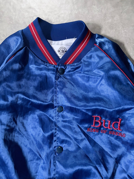 90s Vintage Budweiser Beer Blue Satin Jacket -L - L | Martin City Vintage