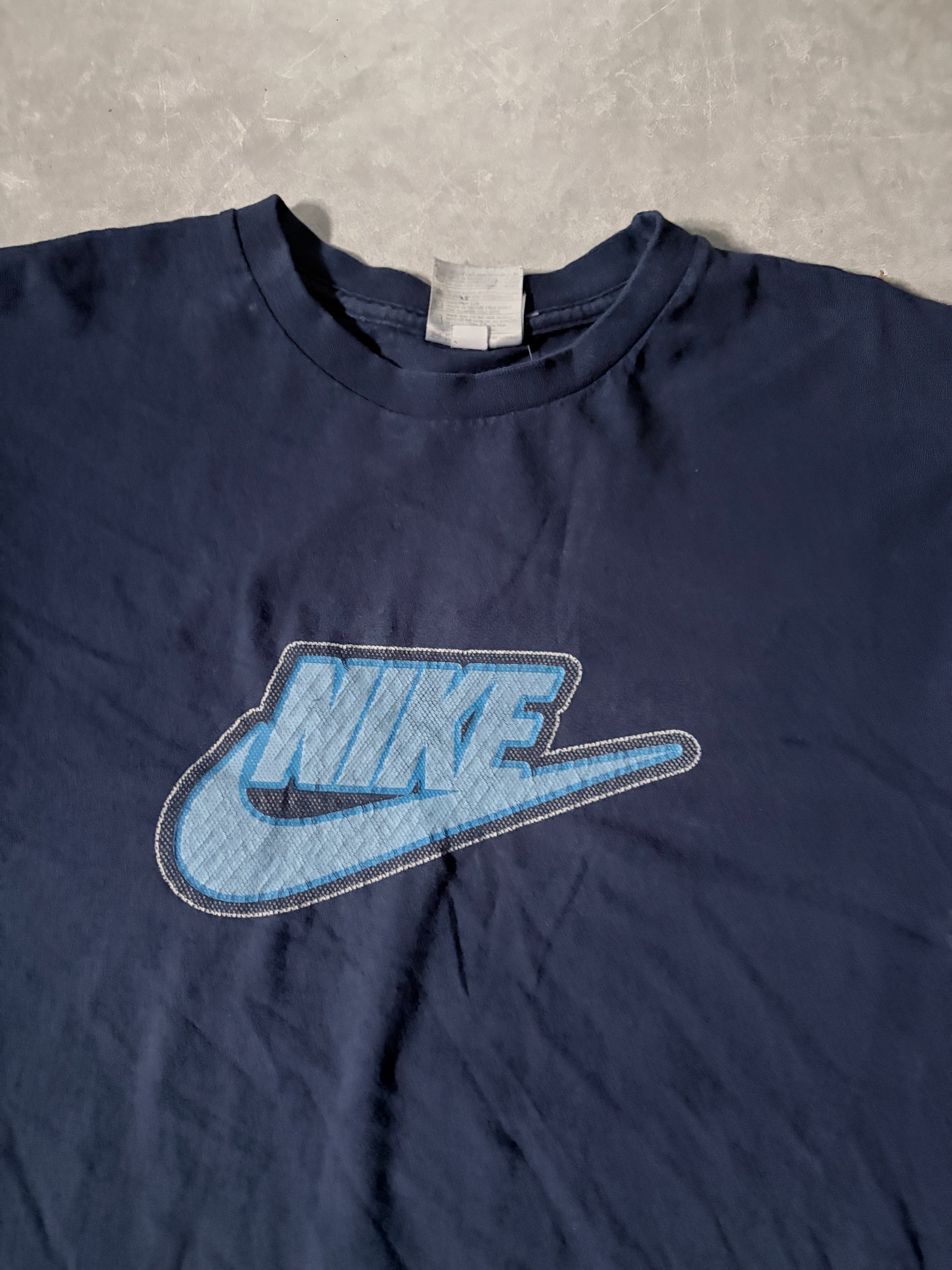 90's Vintage Nike Logo Navy T-Shirt Front Logo Close Up