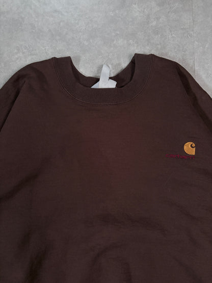 90's Vintage Carhartt Brown Crewneck Front Logo Close Up