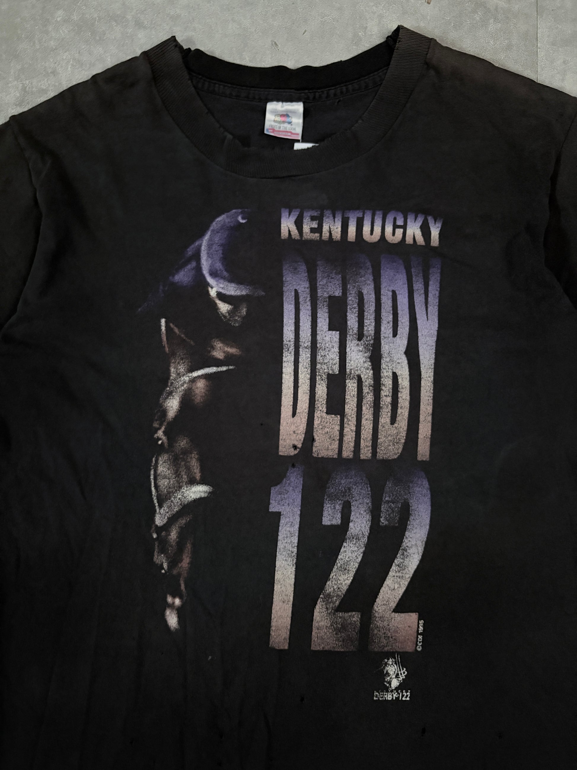 90's Vintage Kentucky Derby Black T-Shirt Front Graphic Close Up