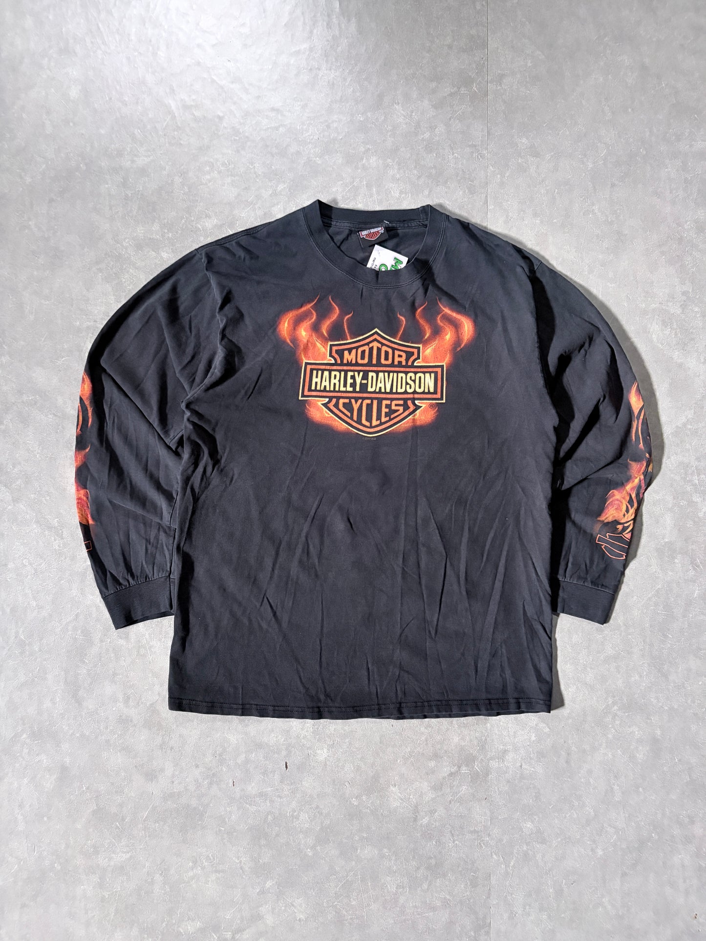 90s Vintage Harley Davidson Flame Sleeve Black Long Sleeve Shirt -L
