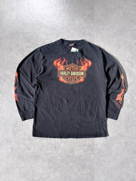 90s Vintage Harley Davidson Flame Sleeve Black Long Sleeve Shirt -L