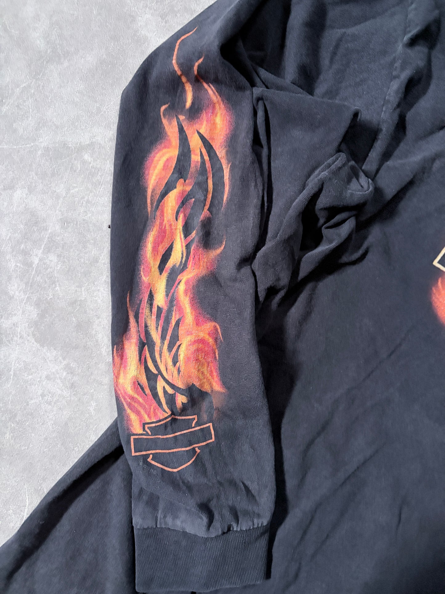 90s Vintage Harley Davidson Flame Sleeve Black Long Sleeve Shirt -L
