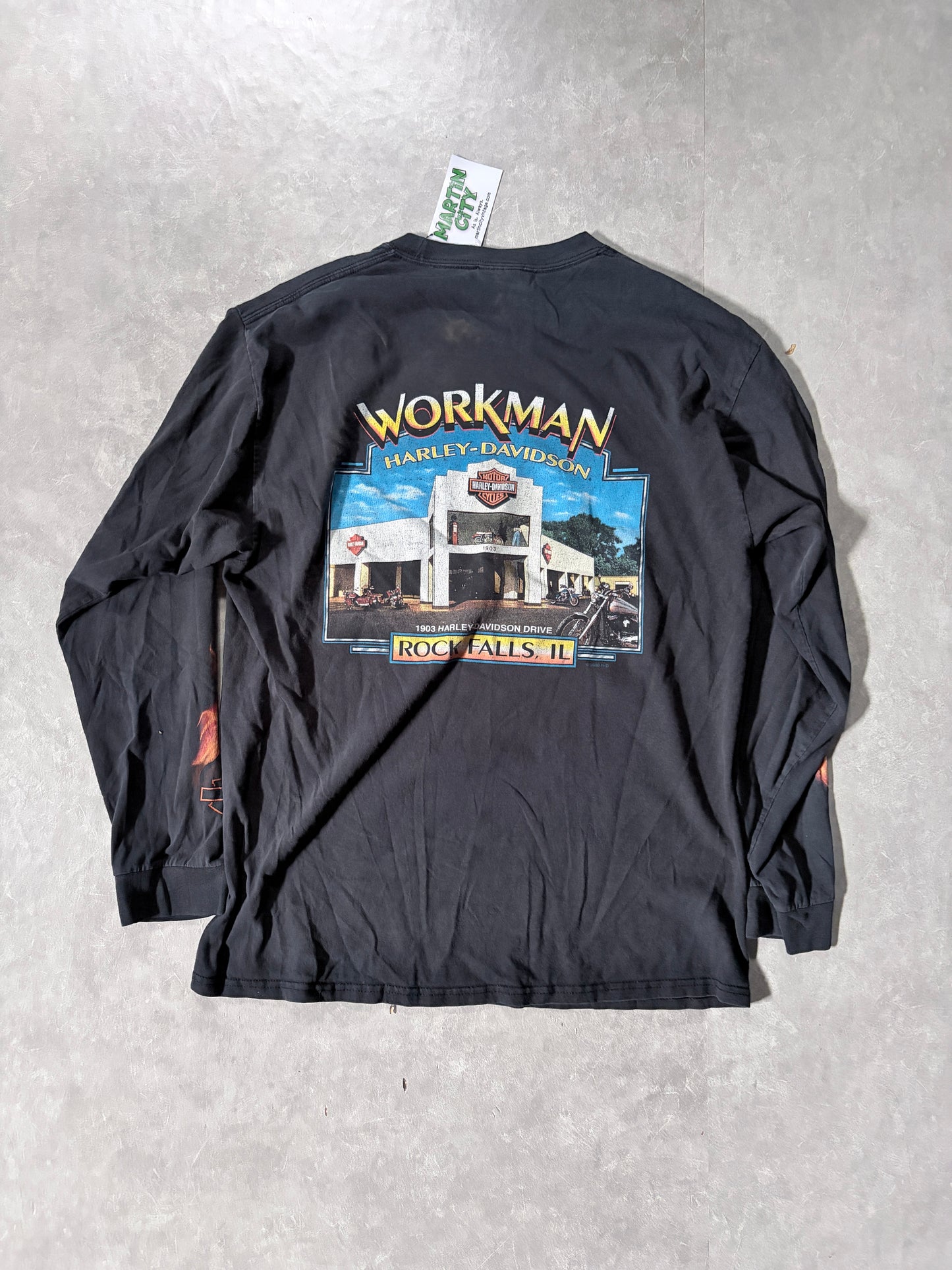 90s Vintage Harley Davidson Flame Sleeve Black Long Sleeve Shirt -L