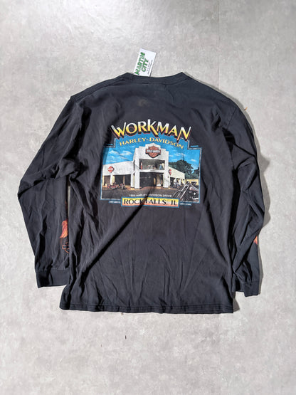 90s Vintage Harley Davidson Flame Sleeve Black Long Sleeve Shirt -L
