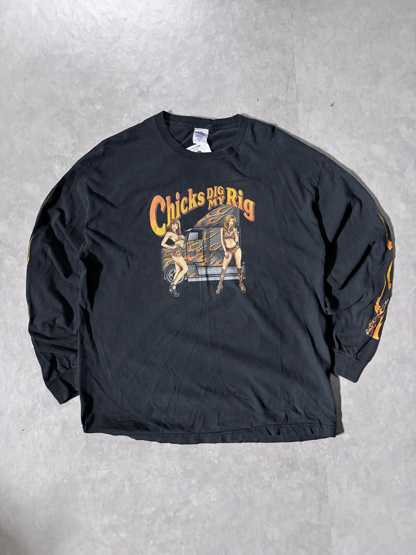 90s Vintage Trucker Chicks Flame Sleeve Black T-Shirt -XL