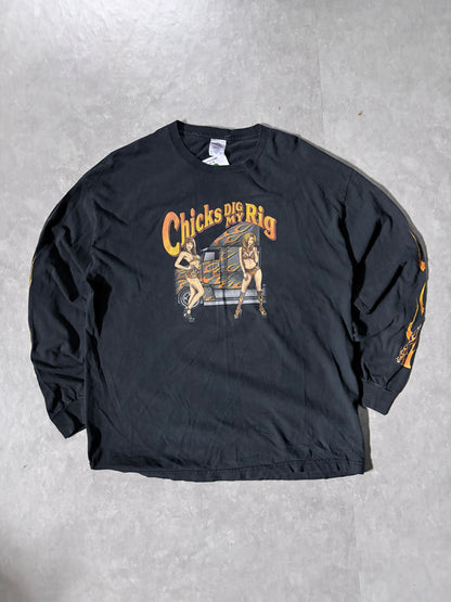 90s Vintage Trucker Chicks Flame Sleeve Black T-Shirt -XL
