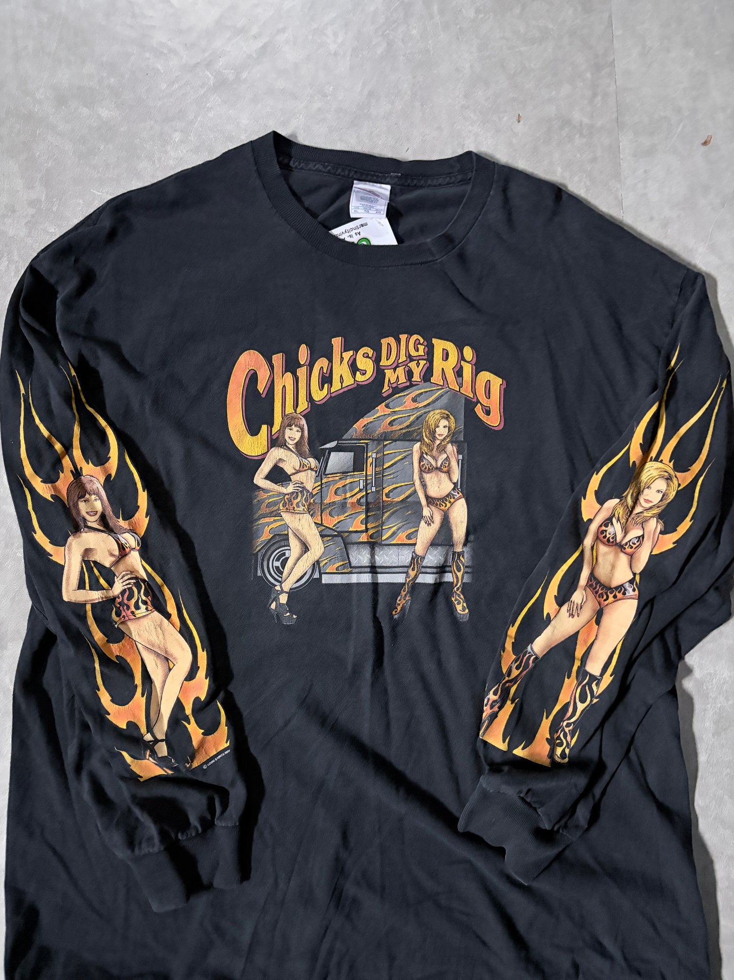 90s Vintage Trucker Chicks Flame Sleeve Black T-Shirt -XL