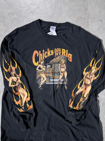 90s Vintage Trucker Chicks Flame Sleeve Black T-Shirt -XL