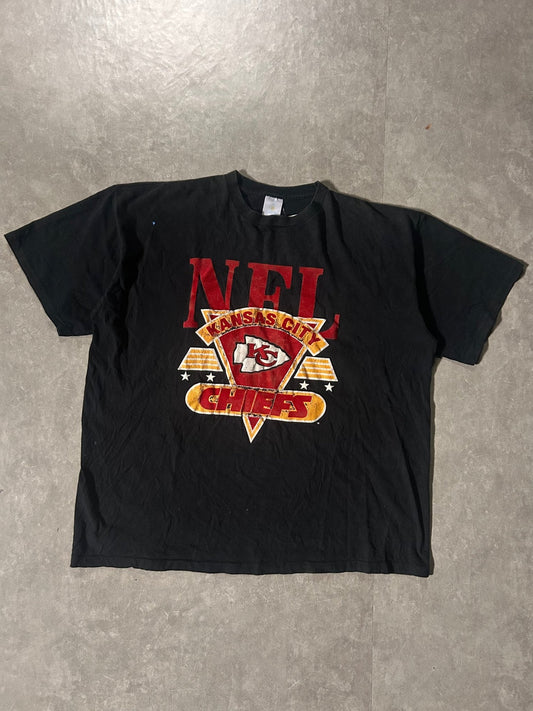 90’s Vintage Kansas City Chiefs Flock Print Black T-Shirt - XL - XL | Martin City Vintage