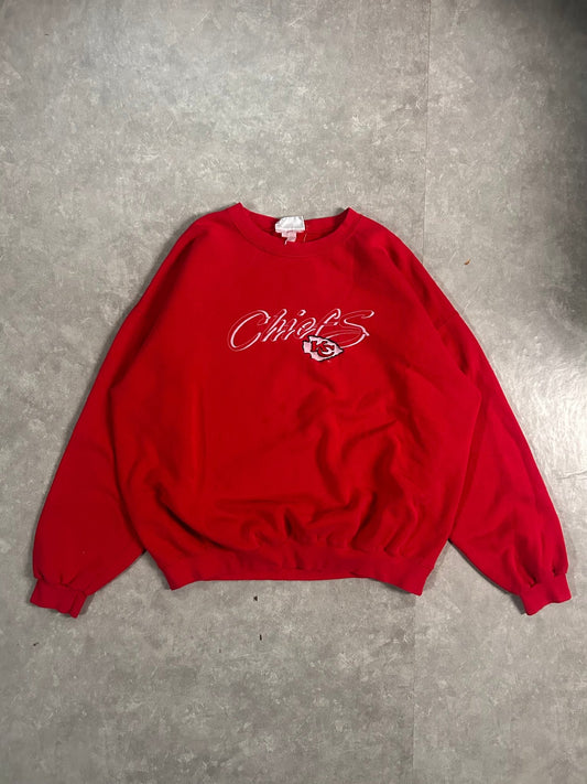 90’s Vintage Kansas City Chiefs White Embroidery Red Crewneck - XL - XL | Martin City Vintage
