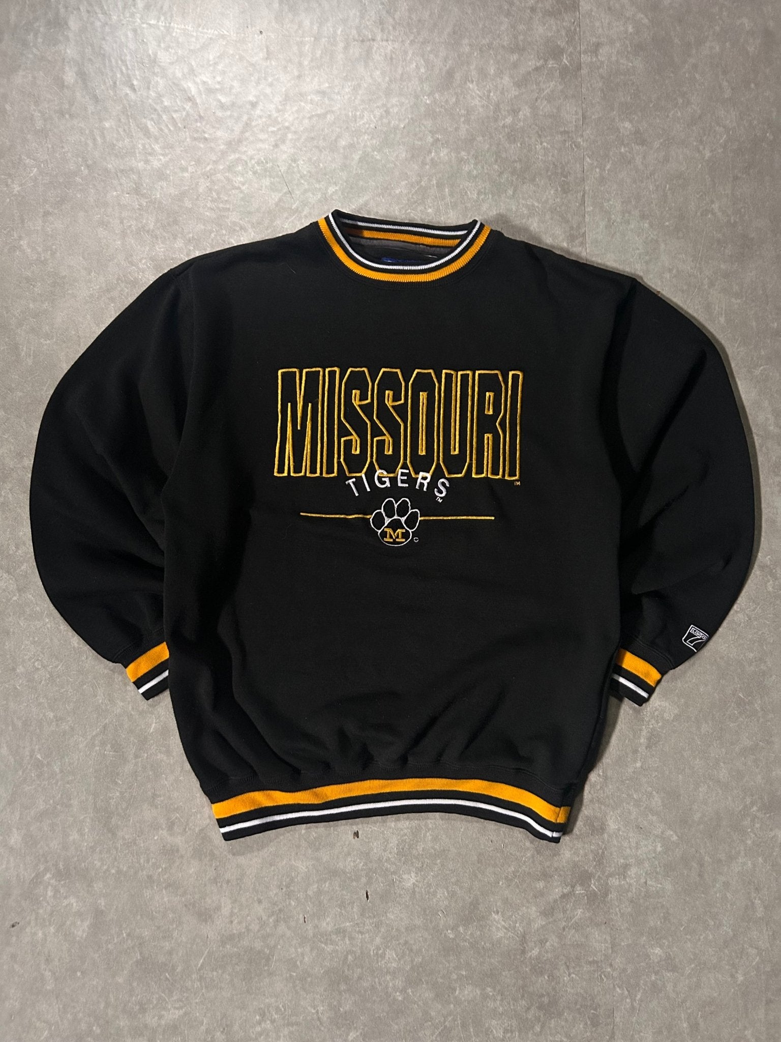 90's Vintage Missouri Tigers Embroidered Black Crewneck - L - L | Martin City Vintage