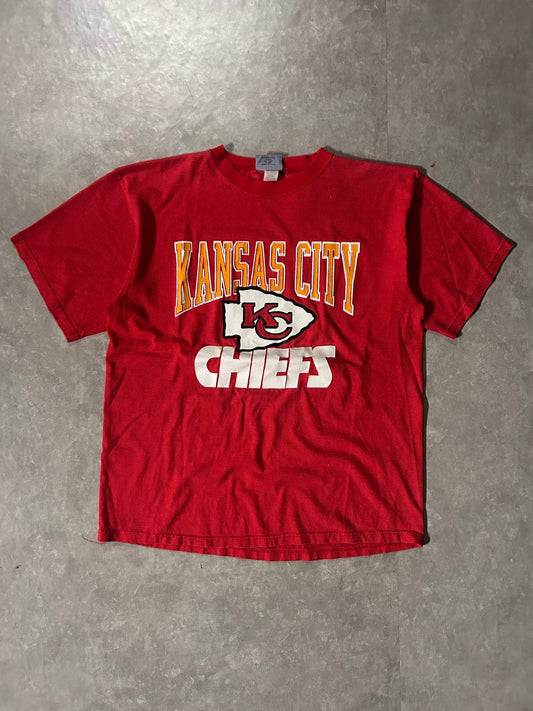 90’s Vintage Kansas City Chiefs Striped Red T-Shirt - L - L | Martin City Vintage