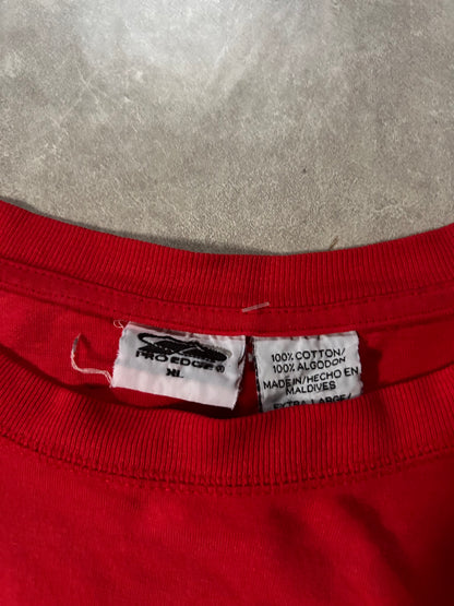 90s Vintage Kansas City Chiefs Red T Shirt Tag Close Up