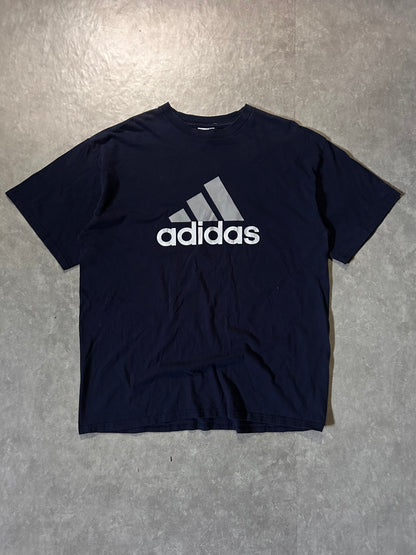 2000s Vintage Adidas Grey Logo Navy T Shirt Full Front View