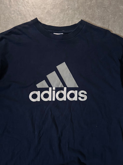 2000s Vintage Adidas Grey Logo Graphic Navy T Shirt Close Up