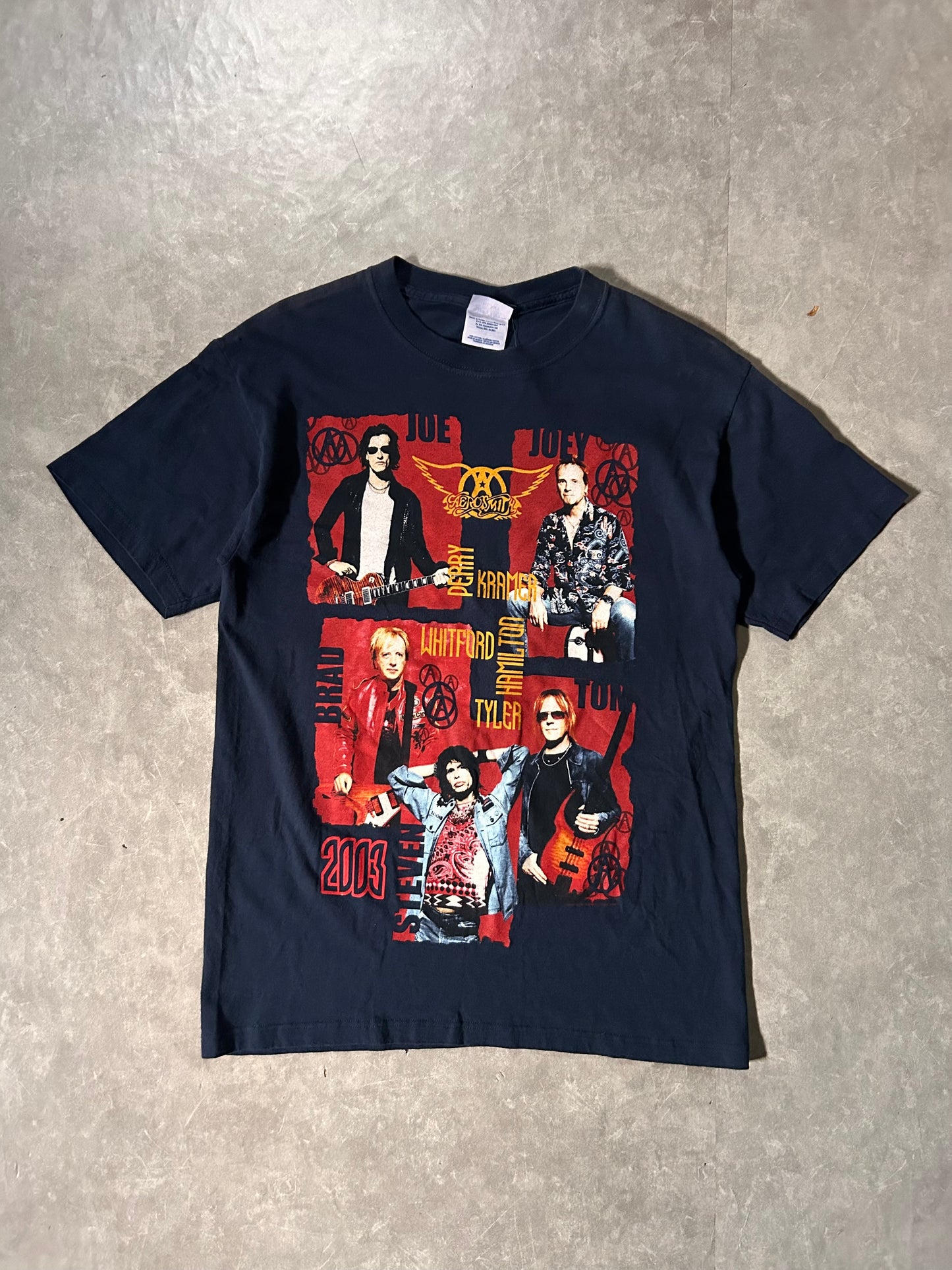 2003 Vintage Aerosmith Big Print Navy T Shirt Full Front View