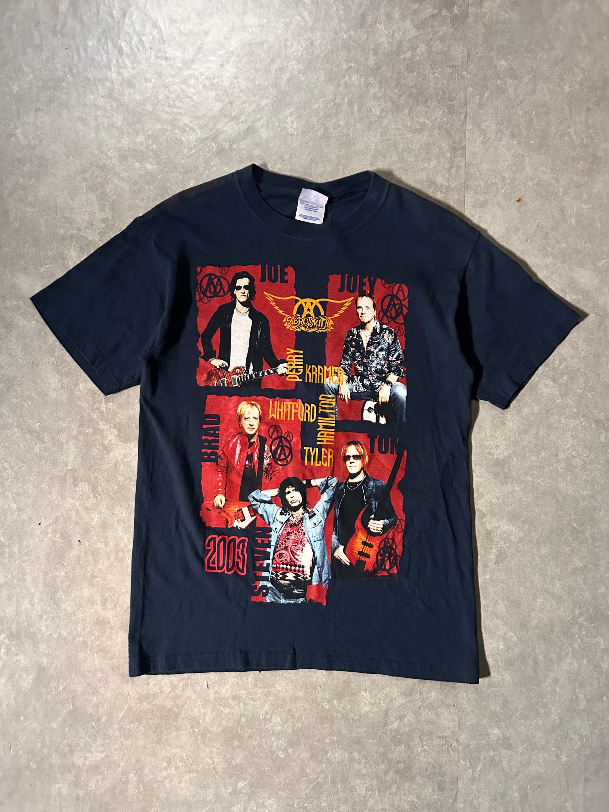 2003 Vintage Aerosmith Big Print Navy T Shirt Full Front View