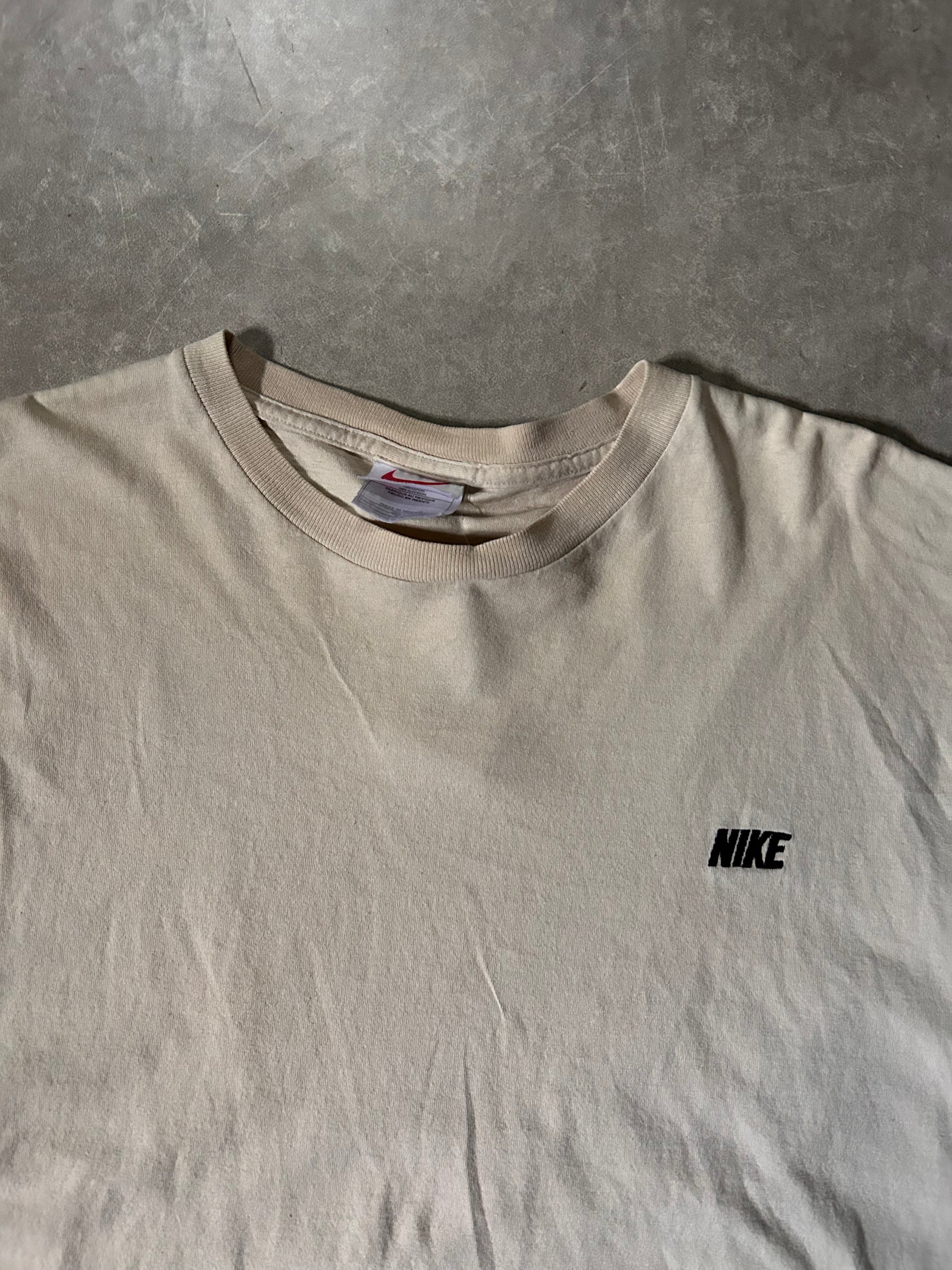 90s Vintage Nike Embroidered Logo Beige T Shirt Close Up