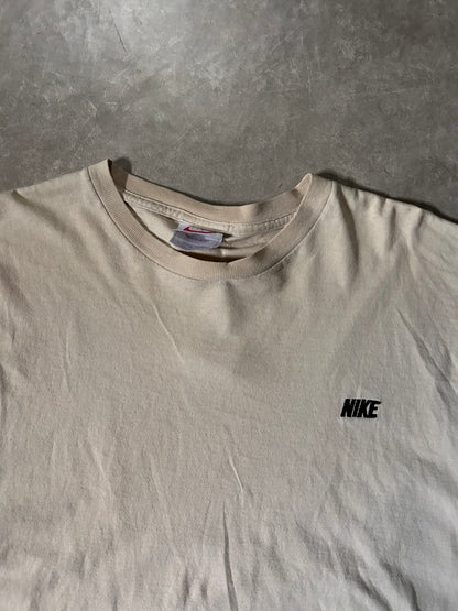 90s Vintage Nike Embroidered Logo Beige T Shirt Close Up