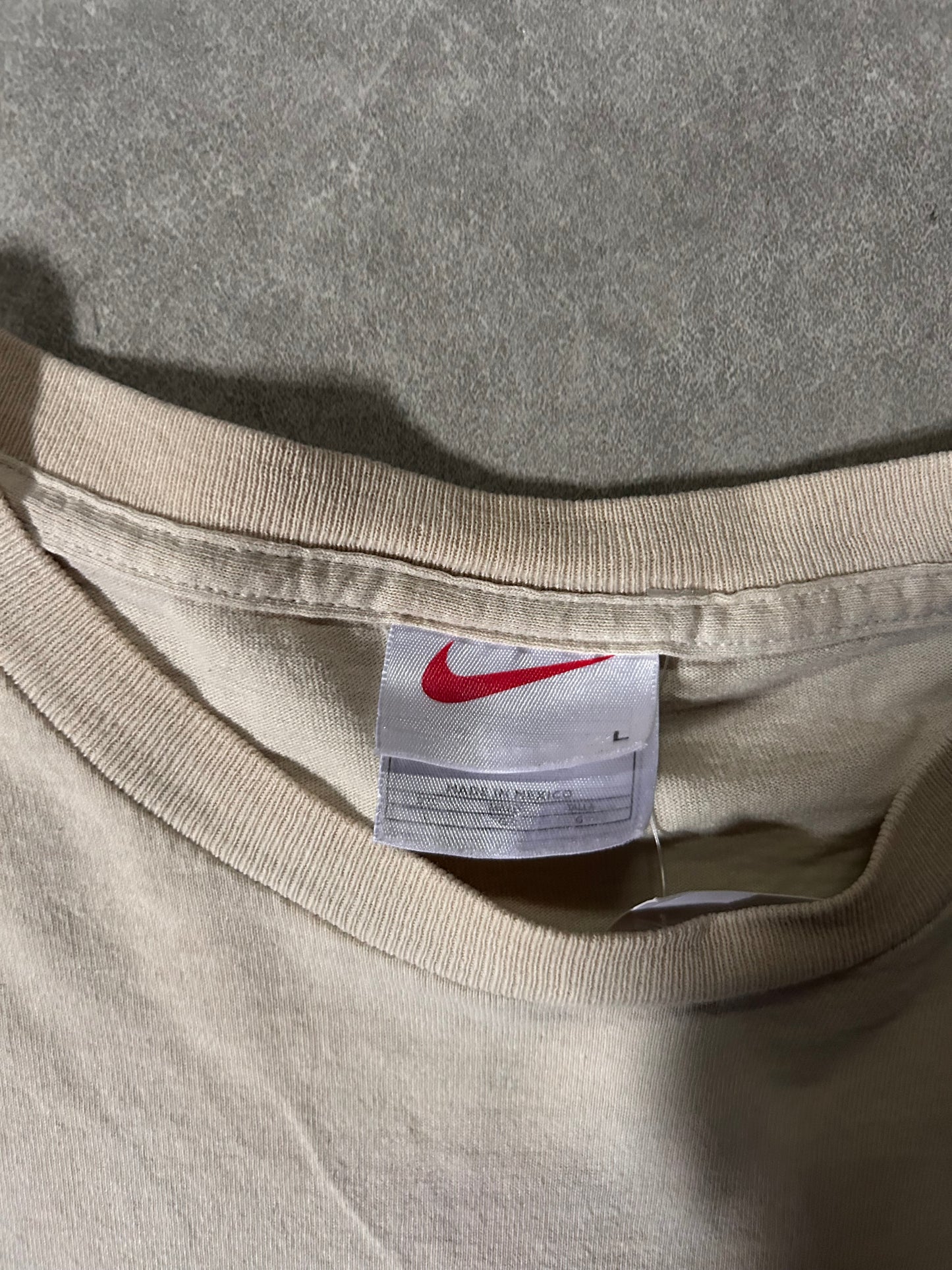 90s Vintage Nike Beige T Shirt Tag Close Up Detail