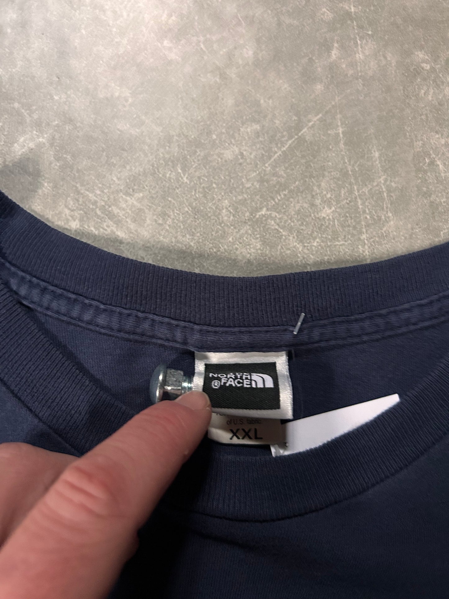 90's Vintage North Face Navy T-Shirt Tag Close Up Detail