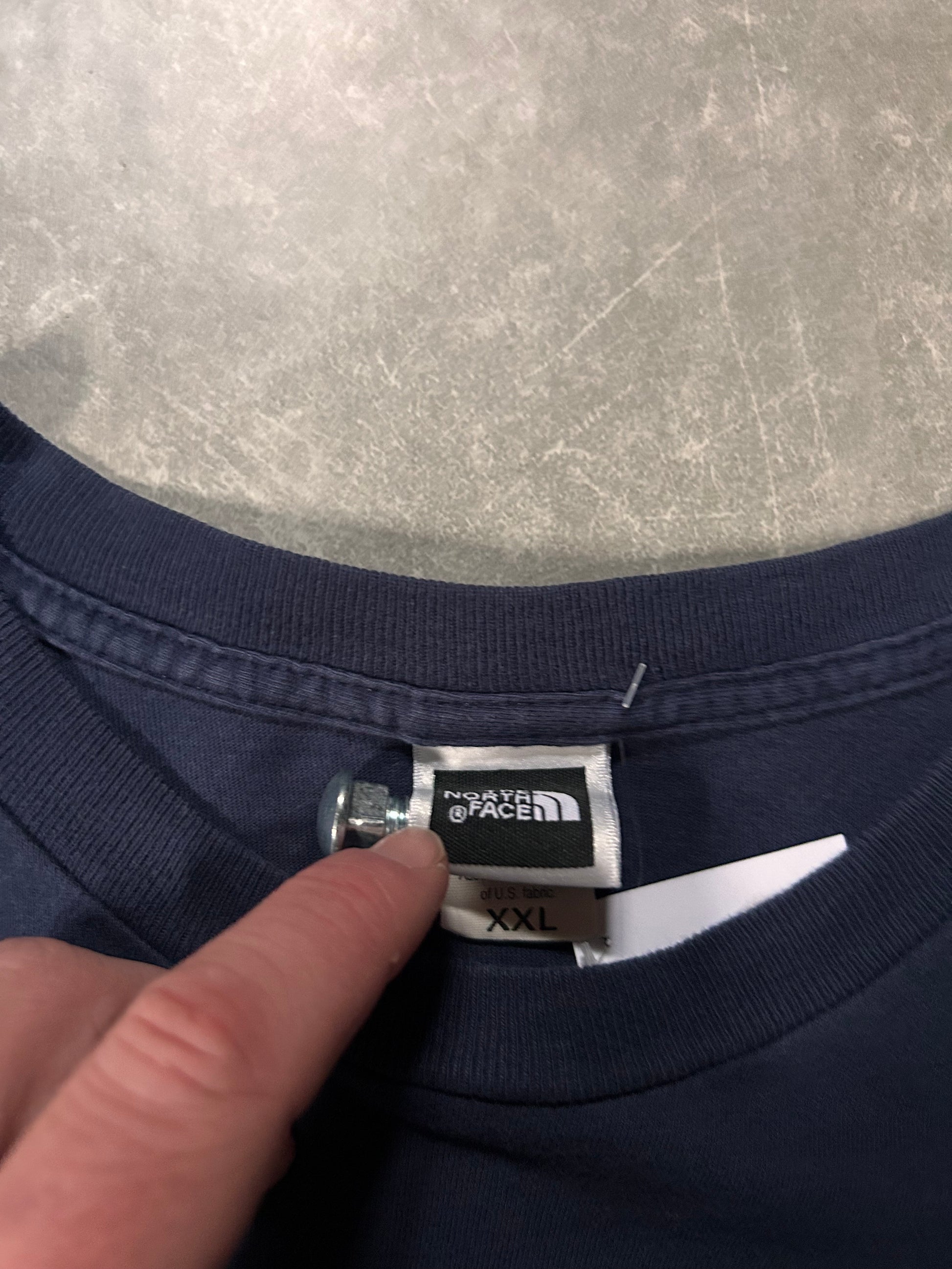 90's Vintage North Face Navy T-Shirt Tag Close Up Detail
