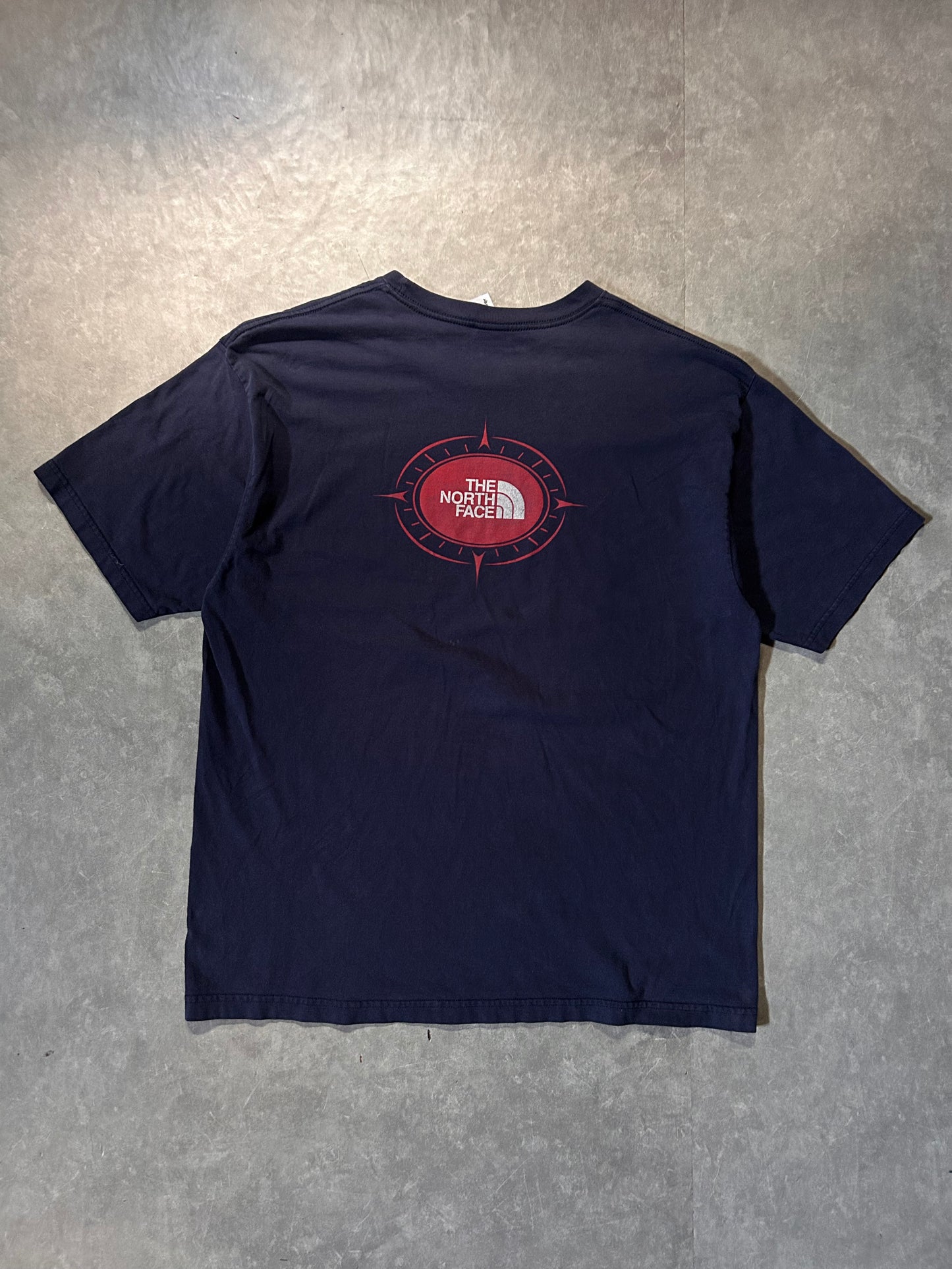 90's Vintage North Face Compass Navy T-Shirt Full Back View