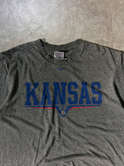 2000's Vintage Kansas Jayhawks Nike Graphic Grey T-Shirt Close Up