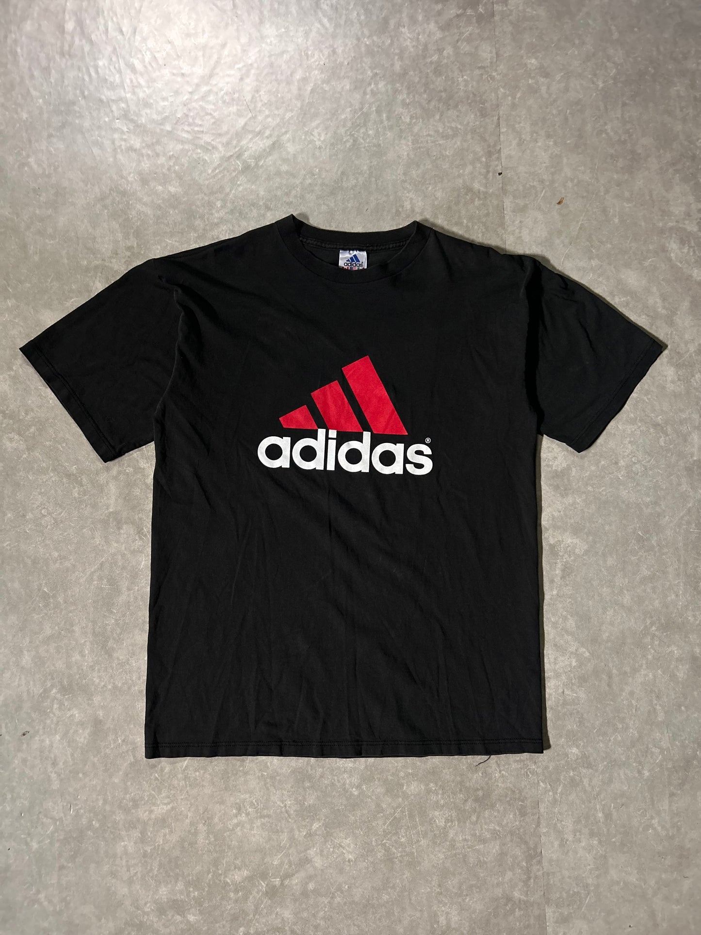 90's Vintage Adidas Red Logo Black T-Shirt Full Front View