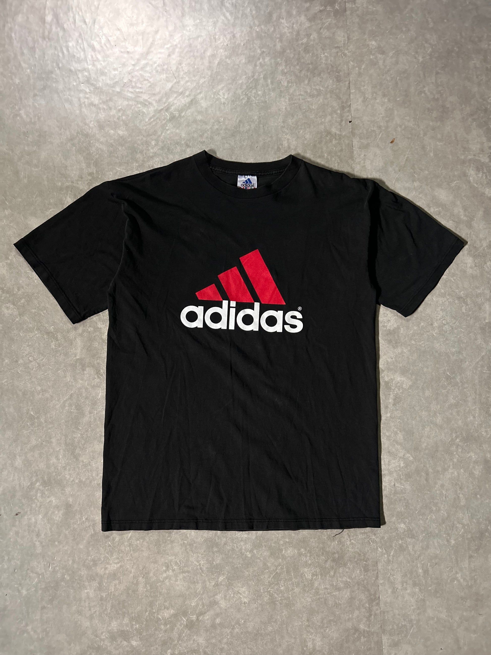 90's Vintage Adidas Red Logo Black T-Shirt Full Front View
