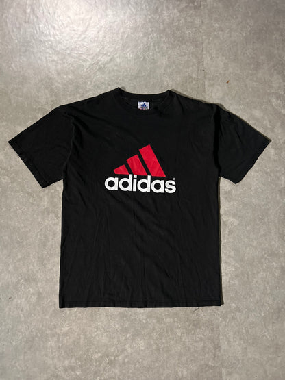90's Vintage Adidas Red Logo Black T-Shirt Full Front View