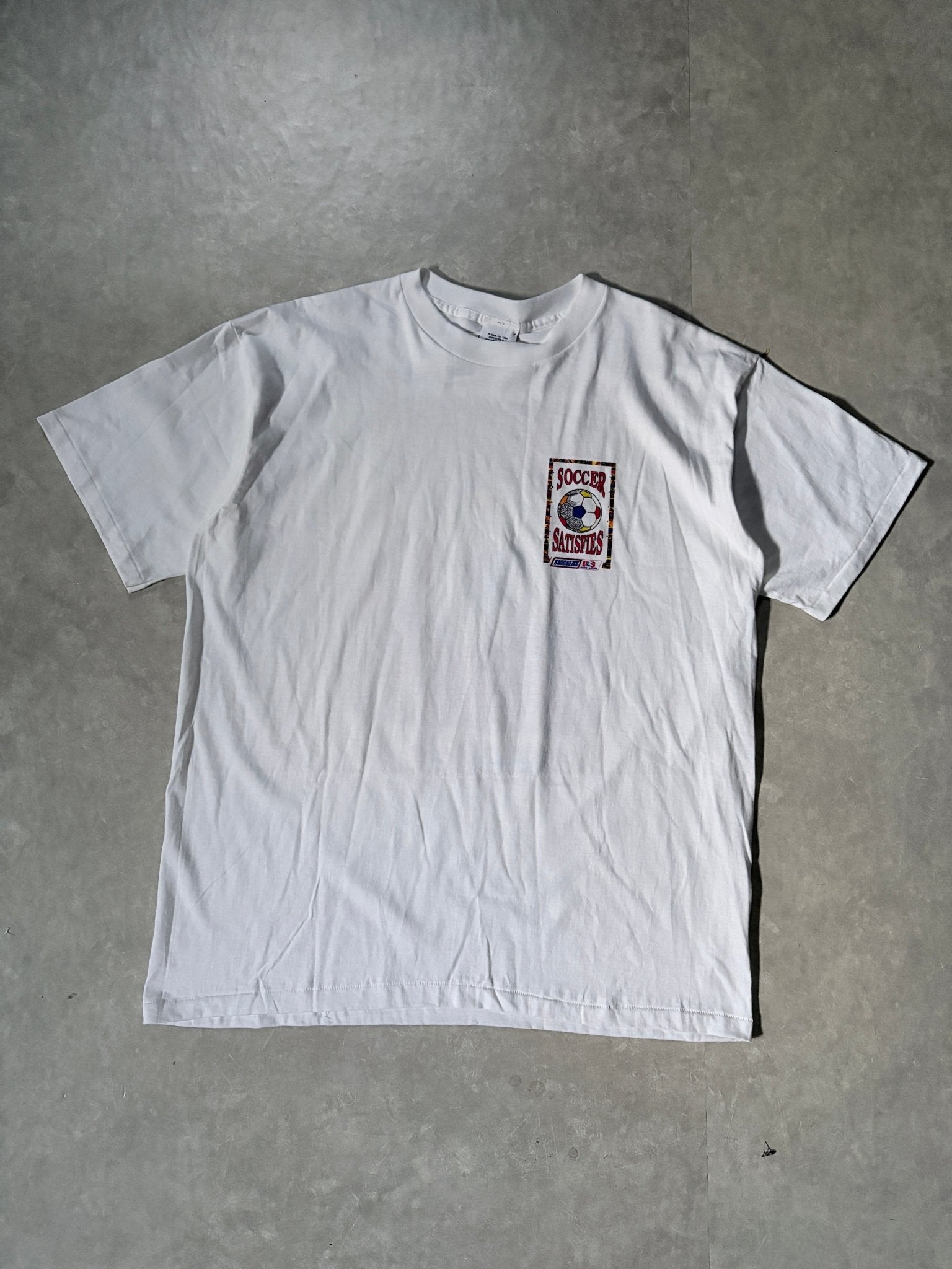 90's Vintage Snickers Soccer White T-Shirt -XL - XL | Martin City Vintage