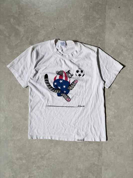 90s Vintage USA Soccer Cat White T Shirt -S