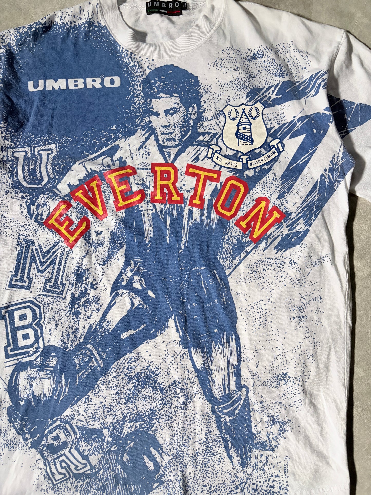 90s Vintage Everton FC Umbro White AOP T Shirt -XL