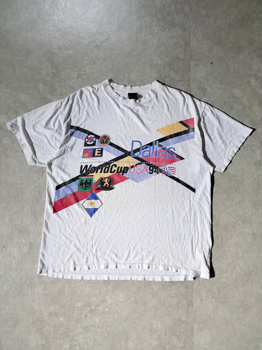 1994 Vintage FIFA World Cup Dallas Distressed Big Print White T Shirt -L